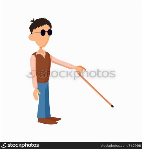 Blind man with cane icon in cartoon style isolated on white background. Disability and assistance symbol. Blind man with cane icon, cartoon style