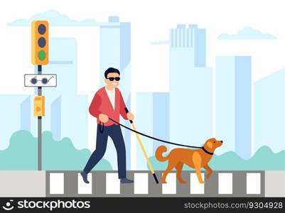 Blind man with guide dog crosses road at traffic light with sign for blind. Pet leading handicapped male character, animal companion for disabled. Cartoon flat isolated illustration. Vector concept. Blind man with guide dog crosses road at traffic light with sign for blind. Pet leading handicapped male character, animal companion for disabled. Cartoon flat isolated vector concept