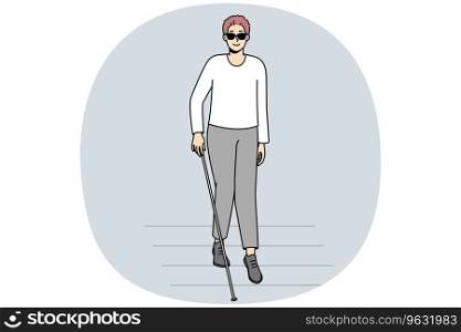 Blind man with stick walking on crosswalk. Disabled male in dark sunglasses crossing road. Disability and healthcare. Vector illustration.. Blind man with stick crossing road