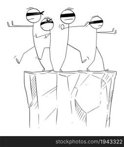 Blind or blindfold businessmen searching risky way on the ledge, risk of fall, vector cartoon stick figure or character illustration.. Businessmen or People With Blindfolds or Blind on Ledge, Risk of Fall, Vector Cartoon Stick Figure Illustration