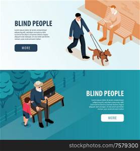 Blind people outdoor 2 isometric horizontal web banners with grandchild assistance and guide dog walk vector illustration