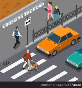 Blind Person On Crosswalk Isometric Illustration. Blind person with cane and seeing eye dog on crosswalk cars waiting on road isometric vector illustration