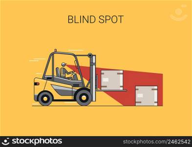 Blind spot. Flat line vector design of forklift with operator and load.