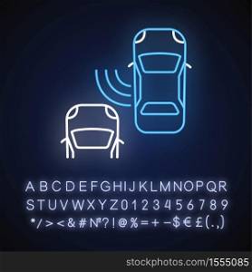 Blind spot monitoring system neon light icon. Safe driving and car security, traffic safety. Outer glowing effect. Sign with alphabet, numbers and symbols. Vector isolated RGB color illustration. Blind spot monitoring system neon light icon