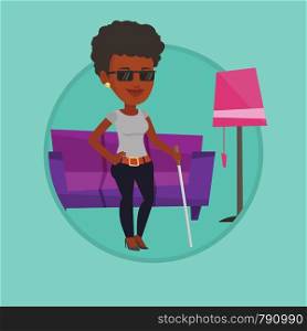 Blind woman standing with walking stick at home. Blind woman in dark glasses standing with cane. Blind woman walking with stick. Vector flat design illustration in the circle isolated on background.. Blind woman with stick vector illustration.