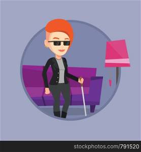 Blind woman standing with walking stick at home. Blind woman in dark glasses standing with cane. Blind woman walking with stick. Vector flat design illustration in the circle isolated on background.. Blind woman with stick vector illustration.