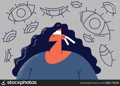 Blindfolded woman surrounded with numerous eyes. Girl with cover on eyes feel pressured stalked. Concept of paranoia and mental health. Vector illustration. . Blindfolded woman feel stalked with numerous eyes 