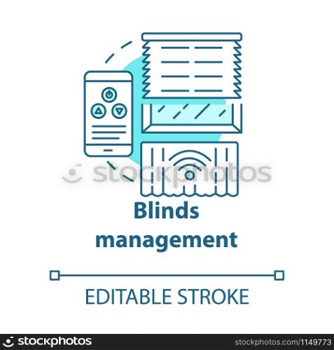 Blinds management turquoise concept icon. Smart house management idea thin line illustration. Innovative technology for apartment. Remote control. Vector isolated outline drawing. Editable stroke