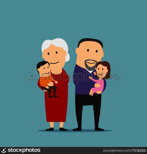 Blissful cartoon grandmother and grandfather stands with grandkids on hands. Happy smiling grandparents family with grandson and granddaughter. Use as family concept and weekend leisure theme design. Happy grandparents family with grandchildren