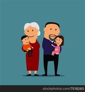 Blissful cartoon grandmother and grandfather stands with grandkids on hands. Happy smiling grandparents family with grandson and granddaughter. Use as family concept and weekend leisure theme design. Happy grandparents family with grandchildren