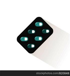 Blister pack green pills icon with beige shadow. Flat pharmacy vector illustration