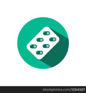 Blister pack icon with shadow on a green circle. Flat color vector pharmacy illustration