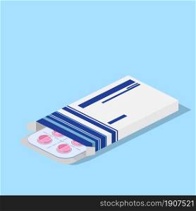 Blister pack of pills pills, Capsule isometric icon. Healthcare concept. Medications Accessory pharmacies and first aid kits. vector illustration in flat style. Blister pack of pills.