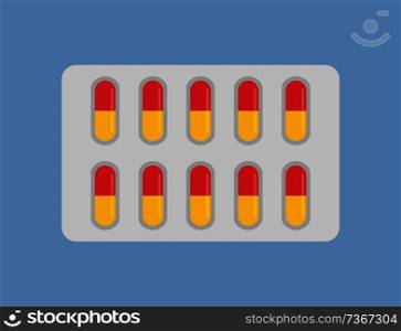 Blister with yellow and red capsules isolated icon. Medical treatment remedy pills, color tablets in realistic design, vector pharmaceutical pastille. Blister with Yellow and Red Capsules Isolated Icon
