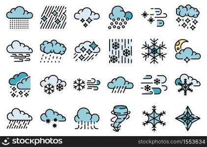 Blizzard icons set. Outline set of blizzard vector icons thin line color flat on white. Blizzard icons vector flat