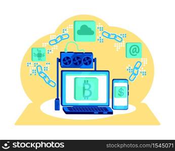 Block chain flat concept vector illustration. Investment in crypto currency. Digital technology. Bitcoin e wallet 2D cartoon illustration for web design. Smart industry creative idea. Block chain flat concept vector illustration