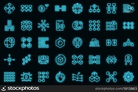 Block chain icons set. Outline set of block chain vector icons neon color on black. Block chain icons set vector neon