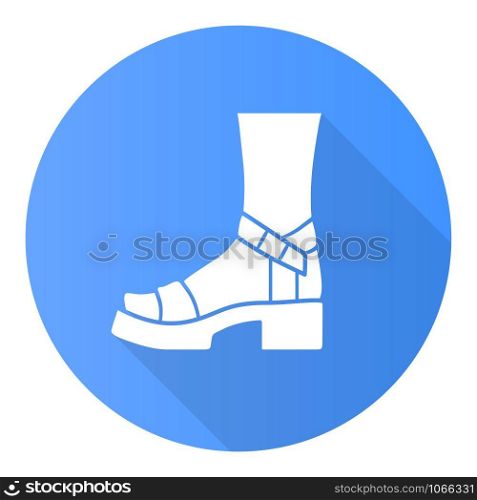 Block heel blue flat design long shadow glyph icon. Woman stylish footwear. Female casual shoes, ladies modern summer sandals side view. Retro clothing accessory. Vector silhouette illustration