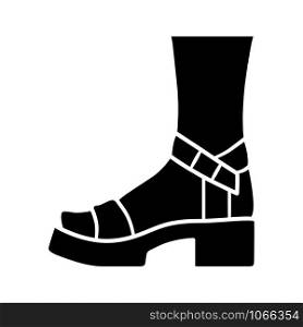 Block heel glyph icon. Woman stylish footwear. Female casual shoes, ladies modern summer sandals side view. Retro clothing accessory. Silhouette symbol. Negative space. Vector isolated illustration