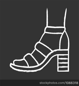 Block high heels chalk icon. Woman stylish footwear design. Female casual shoes, summer sandals with ankle strap side view. Fashionable clothing accessory. Isolated vector chalkboard illustration
