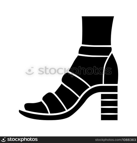 Block high heels glyph icon. Woman stylish footwear. Female casual shoes, summer sandals with ankle strap. Clothing accessory. Silhouette symbol. Negative space. Vector isolated illustration