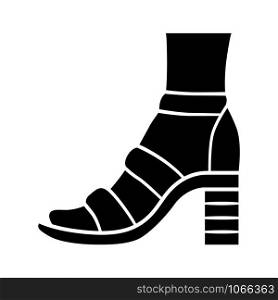 Block high heels glyph icon. Woman stylish footwear. Female casual shoes, summer sandals with ankle strap. Clothing accessory. Silhouette symbol. Negative space. Vector isolated illustration