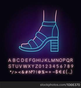 Block high heels neon light icon. Woman stylish footwear design. Female casual shoes, summer sandals with ankle strap. Glowing sign with alphabet, numbers and symbols. Vector isolated illustration