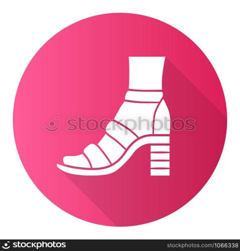 Block high heels pink flat design long shadow glyph icon. Woman stylish footwear. Female casual shoes, summer sandals with ankle strap. Fashionable clothing accessory. Vector silhouette illustration