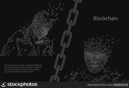 Blockchain artificial intelligence poster with text sample set vector. Geometric shapes forming person shape, computer mind with modern technologies. Blockchain Artificial Intelligence Poster Vector
