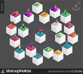 Blockchain concept vector illustration - scheme showing the cryptocurrency transaction processing and user connection. Blockchain concept vector illustration