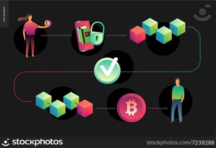 Blockchain concept vector illustration - scheme showing the cryptocurrency transaction processing and user connection. Blockchain concept vector illustration