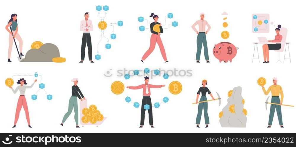 Blockchain data technologies, people work with block chain fin tech industry. Financiers and business people mining coins vector illustration set. Hi tech finance industry. Blockchain data technologies, people work with block chain fin tech industry. Financiers and business people mining coins vector illustration