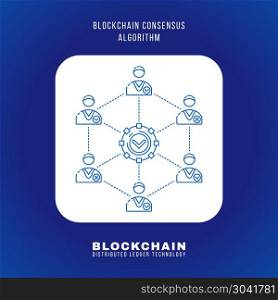 blockchain distributed ledger technology illustration. vector outline design blockchain consensus algorithm principle explain scheme illustration white rounded square icon isolated blue background
