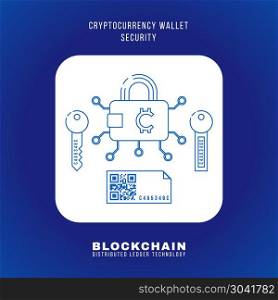blockchain distributed ledger technology illustration. vector outline design blockchain cryptocurrency wallet security principle explain scheme illustration white rounded square icon isolated blue background