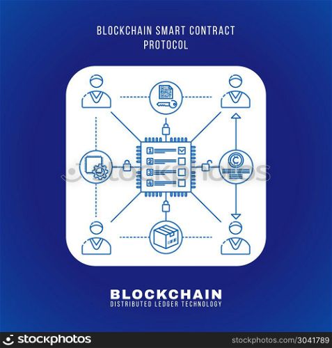 blockchain distributed ledger technology illustration. vector outline design blockchain smart contract protocol principle explain scheme illustration white rounded square icon isolated blue background