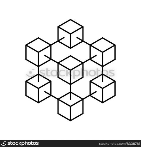 Blockchain icon. Blockchain structure. Block chain logo. Cube in li≠sty≤. Crypto currency symbol. Crypto busi≠ss. Cryptography data. Network technology. Vector.