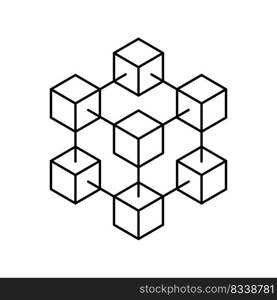 Blockchain icon. Blockchain structure. Block chain logo. Cube in li≠sty≤. Crypto currency symbol. Crypto busi≠ss. Cryptography data. Network technology. Vector.