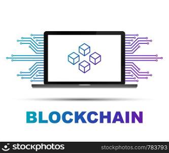 Blockchain icon on laptop screen, connected cubes on the display. Symbol of database, data center, crypto template, cryptocurrency and blockchain. Vector stock illustration.
