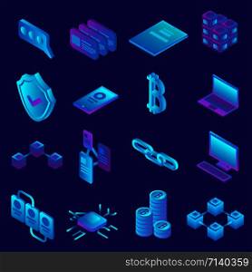 Blockchain icon set. Isometric set of blockchain vector icons for web design. Blockchain icon set, isometric style