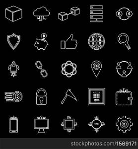 Blockchain line icons on black background, stock vector