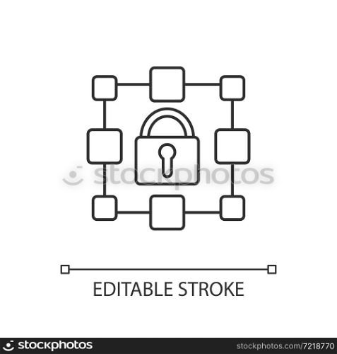 Blockchain linear icon. Encrypted data blocks storage. Recording information about cryptocurrency. Thin line customizable illustration. Contour symbol. Vector isolated outline drawing. Editable stroke. Blockchain linear icon