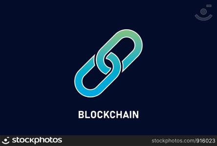 Blockchain logo on dark black background. Abstract symbol of linked chain and with text. Modern technology concept. Vector illustration for company logo.