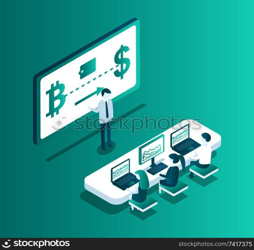 Blockchain meeting seminar isolated isometric 3d vector. Table with workers listening to person presenter,  giving information from scree. Cyber space. Blockchain Meeting Seminar Vector Illustration