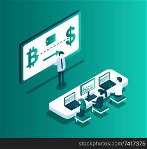 Blockchain meeting seminar isolated isometric 3d vector. Table with workers listening to person presenter,  giving information from scree. Cyber space. Blockchain Meeting Seminar Vector Illustration