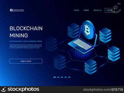 Blockchain mining. Cryptography coins currency miner payment on ethereal mine laptop connected to blockchain bitcoin farms network. E crypto world business banking commerce vector illustration. Blockchain mining. Cryptography coins currency miner on laptop connected to blockchain bitcoin network. E commerce vector illustration