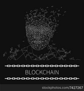 Blockchain technologies, artificial intelligence poster with text sample chain line vector. Human shape made of geometric shapes and forms colorless. Blockchain Technologies Artificial Poster Vector