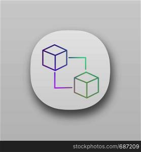 Blockchain technology app icon. Cryptocurrency. Fintech. E-commerce. Connected cubes. UI/UX user interface. Web or mobile application. Vector isolated illustration. Blockchain technology app icon