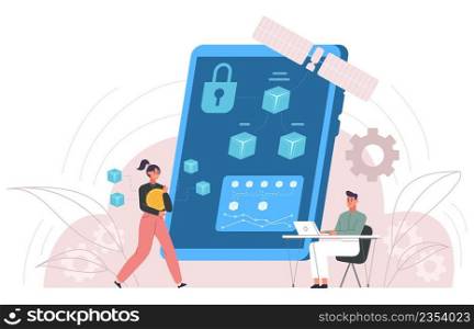 Blockchain technology, business people block chain concept. Bitcoin and crypto coins mining vector illustration. Cryptocurrency transaction tech. Blockchain business technology. Blockchain technology, business people block chain concept. Bitcoin and crypto coins mining vector illustration. Cryptocurrency transaction tech