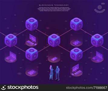 Blockchain technology connection concept banner. Isometric illustration of blockchain technology connection vector concept banner for web design. Blockchain technology connection concept banner, isometric style
