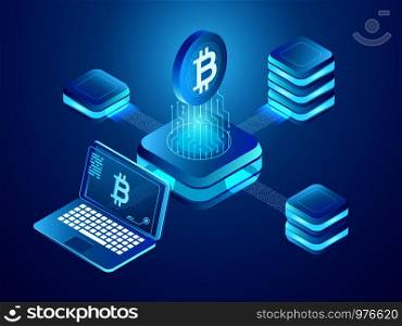 Blockchain technology. Cryptocurrency coins mining, secure distributed network blocking exchange money of crypto currency connected mine blocks transfer concept isometric vector illustration. Blockchain technology. Cryptocurrency coins mining, secure distributed network of connected mine blocks isometric vector illustration